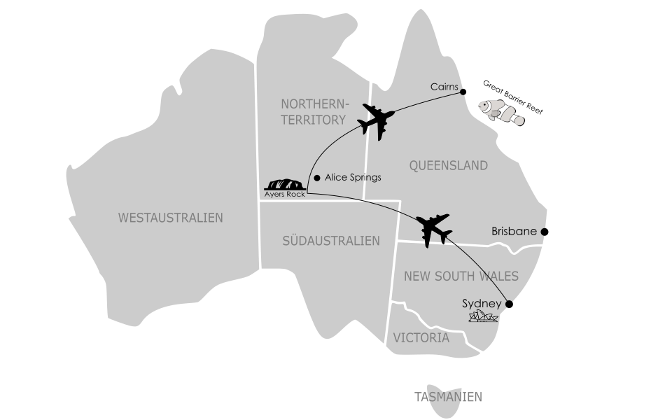 Australien/Karten/sydneycairnsayersrock-rundreise